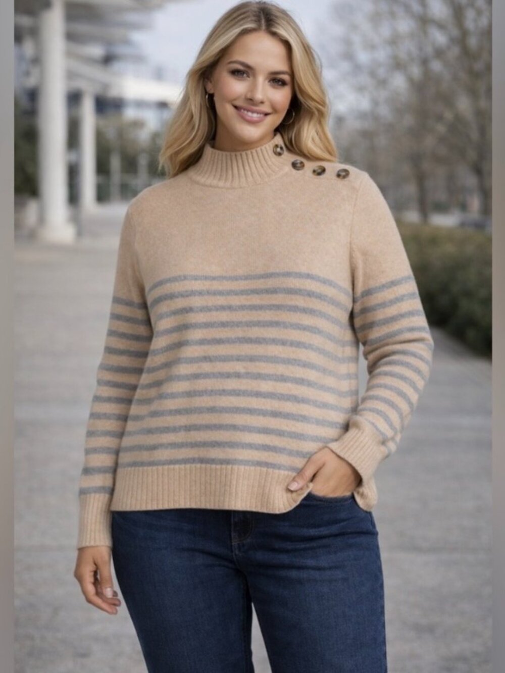 St John's Bay Striped Mock Neck Tan Brown Sweater with Buttons size Large Womens